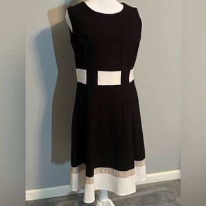 Calvin Klein women’s dress, black white tan, stripe, size 8